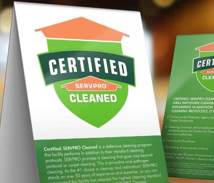 Table tent of Certified: SERVPRO Cleaned.